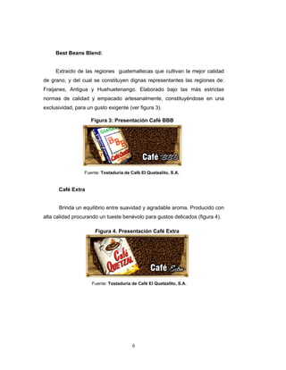 6
Best Beans Blend:
Extraído de las regiones guatemaltecas que cultivan la mejor calidad
de grano, y del cual se constituyen dignas representantes las regiones de:
Fraijanes, Antigua y Huehuetenango. Elaborado bajo las más estrictas
normas de calidad y empacado artesanalmente, constituyéndose en una
exclusividad, para un gusto exigente (ver figura 3).
Café Extra
Brinda un equilibrio entre suavidad y agradable aroma. Producido con
alta calidad procurando un tueste benévolo para gustos delicados (figura 4).
Fuente: Tostaduría de Café El Quetzalito, S.A.
Figura 4. Presentación Café Extra
Fuente: Tostaduría de Café El Quetzalito, S.A.
Figura 3: Presentación Café BBB
 