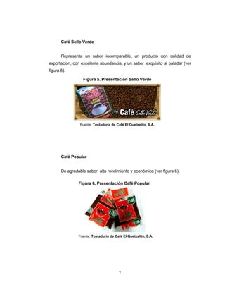 7
Café Sello Verde
Representa un sabor incomparable, un producto con calidad de
exportación, con excelente abundancia, y un sabor exquisito al paladar (ver
figura 5).
Café Popular
De agradable sabor, alto rendimiento y económico (ver figura 6).
Figura 5. Presentación Sello Verde
Fuente: Tostaduría de Café El Quetzalito, S.A.
Figura 6. Presentación Café Popular
Fuente: Tostaduría de Café El Quetzalito, S.A.
 