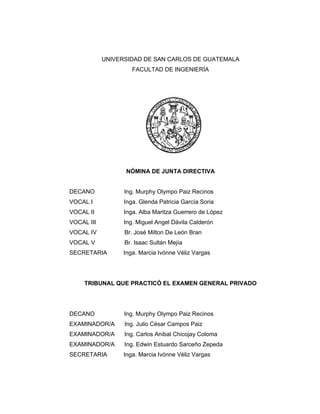 UNIVERSIDAD DE SAN CARLOS DE GUATEMALA
FACULTAD DE INGENIERÍA
NÓMINA DE JUNTA DIRECTIVA
DECANO Ing. Murphy Olympo Paiz Recinos
VOCAL I Inga. Glenda Patricia García Soria
VOCAL II Inga. Alba Maritza Guerrero de López
VOCAL III Ing. Miguel Angel Dávila Calderón
VOCAL IV Br. José Milton De León Bran
VOCAL V Br. Isaac Sultán Mejía
SECRETARIA Inga. Marcia Ivónne Véliz Vargas
TRIBUNAL QUE PRACTICÓ EL EXAMEN GENERAL PRIVADO
DECANO Ing. Murphy Olympo Paiz Recinos
EXAMINADOR/A Ing. Julio César Campos Paiz
EXAMINADOR/A Ing. Carlos Anibal Chicojay Coloma
EXAMINADOR/A Ing. Edwin Estuardo Sarceño Zepeda
SECRETARIA Inga. Marcia Ivónne Véliz Vargas
 