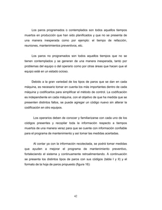 42
Los paros programados o contemplados son todos aquellos tiempos
muertos en producción que han sido planificados y que no se presenta de
una manera inesperada como por ejemplo: el tiempo de refacción,
reuniones, mantenimientos preventivos, etc.
Los paros no programados son todos aquellos tiempos que no se
tienen contemplados y se generan de una manera inesperada, tanto por
problemas del equipo o del operario como por otras áreas que hacen que el
equipo esté en un estado ocioso.
Debido a la gran variedad de los tipos de paros que se dan en cada
máquina, es necesario tomar en cuenta los más importantes dentro de cada
máquina y codificarlos para simplificar el método de control. La codificación
es independiente en cada máquina, con el objetivo de que ha medida que se
presenten distintos fallos, se puede agregar un código nuevo sin alterar la
codificación en otro equipos.
Los operarios deben de conocer y familiarizarse con cada uno de los
códigos presentes y recopilar toda la información respecto a tiempos
muertos de una manera veraz para que se cuente con información confiable
para el programa de mantenimiento y así tomar las medidas acertadas.
Al contar ya con la información recolectada, se podrá tomar medidas
que ayuden a mejorar el programa de mantenimiento preventivo,
fortaleciendo el sistema y continuamente retroalimentando. A continuación
se presenta los distintos tipos de paros con sus códigos (tabla I y II) y el
formato de la hoja de paros propuesto (figura 16):
 