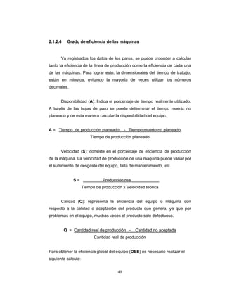 49
2.1.2.4 Grado de eficiencia de las máquinas
Ya registrados los datos de los paros, se puede proceder a calcular
tanto la eficiencia de la línea de producción como la eficiencia de cada una
de las máquinas. Para lograr esto, la dimensionales del tiempo de trabajo,
están en minutos, evitando la mayoría de veces utilizar los números
decimales.
Disponibilidad (A): Indica el porcentaje de tiempo realmente utilizado.
A través de las hojas de paro se puede determinar el tiempo muerto no
planeado y de esta manera calcular la disponibilidad del equipo.
A = Tiempo de producción planeado - Tiempo muerto no planeado
Tiempo de producción planeado
Velocidad (S): consiste en el porcentaje de eficiencia de producción
de la máquina. La velocidad de producción de una máquina puede variar por
el sufrimiento de desgaste del equipo, falta de mantenimiento, etc.
S = Producción real .
Tiempo de producción x Velocidad teórica
Calidad (Q): representa la eficiencia del equipo o máquina con
respecto a la calidad o aceptación del producto que genera, ya que por
problemas en el equipo, muchas veces el producto sale defectuoso.
Q = Cantidad real de producción - Cantidad no aceptada
Cantidad real de producción
Para obtener la eficiencia global del equipo (OEE) es necesario realizar el
siguiente cálculo:
 