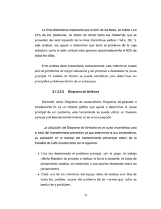 55
La línea discontinua representa que el 80% de las fallas, se deben a un
28% de los problemas, se deben de tomar todos los problemas que se
presenten del lado izquierdo de la línea discontinua vertical (FM 4, DE 1),
este análisis nos ayuda a determinar que tanto el problema de la caja
reductora como el sello vertical malo generan aproximadamente el 80% de
todas las fallas.
Ente análisis debe presentarse mensualmente para determinar cuales
son los problemas de mayor relevancia y así proceder a determinar la causa
principal. El análisis de Pareto se puede estratificar para determinar los
principales problemas dentro de un subequipo.
2.1.2.5.2 Diagrama de Ishikawa
Conocido como Diagrama de causa-efecto, Diagrama de pescado o
simplemente DI es un método gráfico que ayuda a determinar lá causa
principal de um problema, esta herramienta se puede utilizar en diversos
campos y el área de mantenimiento no es uma excepción.
La utilización del Diagrama de Ishikawa es de suma importancia para
el éxito del mantenimiento preventivo ya que determinar la raíz del problema,
su aplicación en el manejo del mantenimiento preventivo dentro de la
Industria de Café Quetzal debe ser la siguiente:
• Una vez determinado el problema principal, con el grupo de trabajo
(Mente Maestra) se procede a realizar la lluvia o tormenta de ideas de
pensamiento creativo, sin restricción y que aporten libremente todos los
pensamientos.
• Cada uno de los miembros del equipo debe de realizar una lista de
todas las posibles causas del problema de tal manera que todos se
involucren y participen.
 
