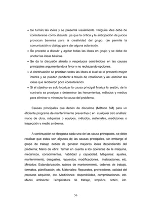 56
• Se turnan las ideas y se presenta visualmente. Ninguna idea debe de
considerarse como absurda ya que la crítica y la anticipación de juicios
provocan barreras para la creatividad del grupo. (se permite la
comunicación o diálogo para dar alguna aclaración.
• Se procede a discutir y agotar todas las ideas en grupo y se debe de
anotar las ideas básicas.
• Se da la discusión abierta y respetuosa centrándose en las causas
principales argumentando a favor y no rechazando opciones.
• A continuación se priorizan todas las ideas al cual se le presentó mayor
interés y se pueden ponderar a través de votaciones y así eliminar las
ideas que recibieron poca consideración.
• Si el objetivo es solo localizar la causa principal finaliza la sesión, de lo
contrario se prosigue a determinar las herramientas, métodos y medios
para eliminar o minimizar la causa del problema.
Causas principales que deben de discutirse (Método 6M) para un
eficiente programa de mantenimiento preventivo o en cualquier otro análisis:
mano de obra, máquinas o equipos, métodos, materiales, mediciones o
inspección y medio ambiente.
A continuación se desglosa cada una de las causa principales, se debe
recalcar que estas son algunas de las causas principales, sin embargo el
grupo de trabajo deben de generar mayores ideas dependiendo del
problema; Mano de obra: Tomar en cuenta a los operarios de la máquina,
mecánicos, conocimientos, habilidad y capacidad. Máquinas: ajustes,
mantenimiento, desgastes, repuestos, modificaciones, instalaciones, etc.
Métodos: Estandarización, rutinas de mantenimiento, ordenes de trabajo,
formatos, planificación, etc. Materiales: Repuestos, proveedores, calidad del
producto adquirido, etc. Mediciones: disponibilidad, comprobaciones, etc.
Medio ambiente: Temperatura de trabajo, limpieza, orden, etc.
 