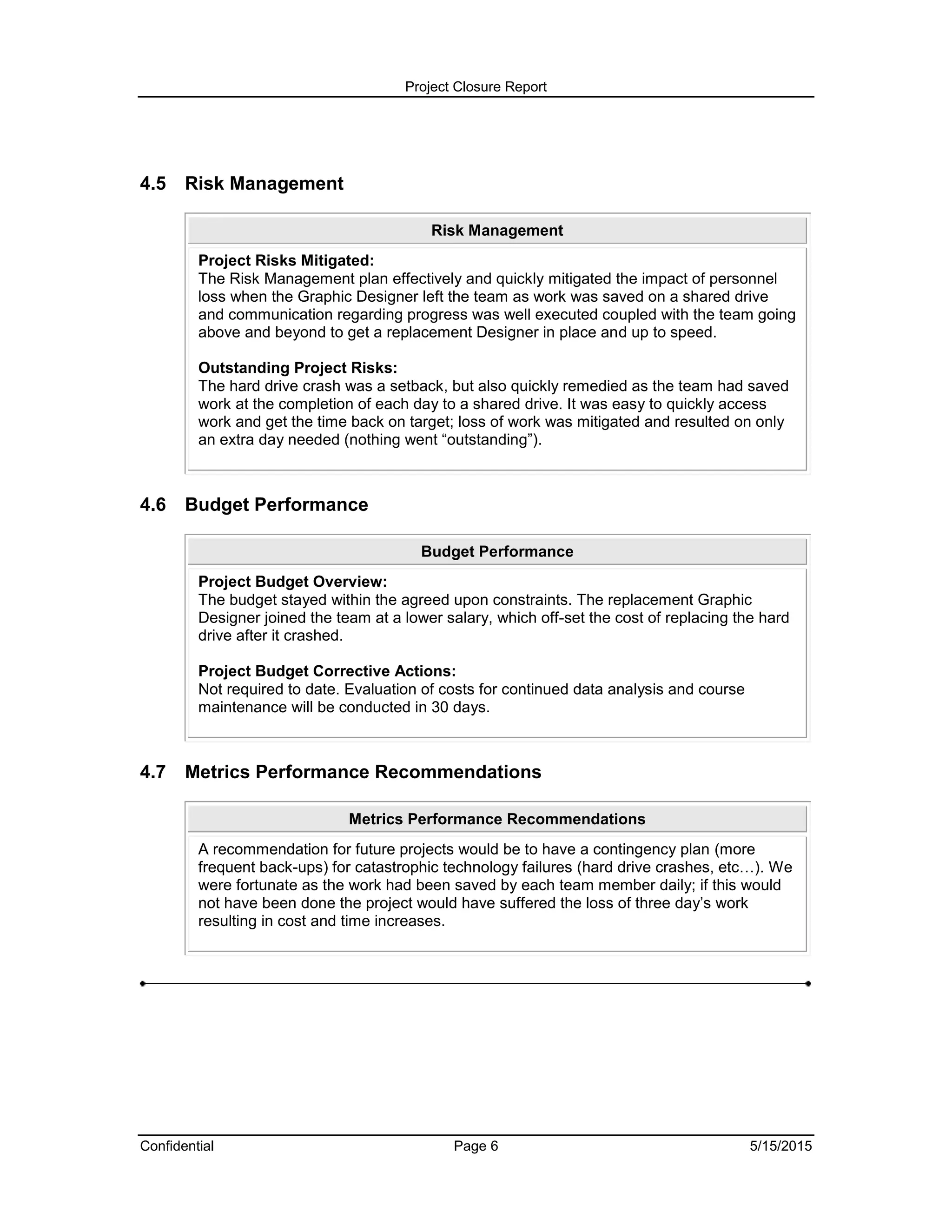 Project Closure Report
Confidential Page 6 5/15/2015
4.5 Risk Management
Risk Management
Project Risks Mitigated:
The Risk Management plan effectively and quickly mitigated the impact of personnel
loss when the Graphic Designer left the team as work was saved on a shared drive
and communication regarding progress was well executed coupled with the team going
above and beyond to get a replacement Designer in place and up to speed.
Outstanding Project Risks:
The hard drive crash was a setback, but also quickly remedied as the team had saved
work at the completion of each day to a shared drive. It was easy to quickly access
work and get the time back on target; loss of work was mitigated and resulted on only
an extra day needed (nothing went “outstanding”).
4.6 Budget Performance
Budget Performance
Project Budget Overview:
The budget stayed within the agreed upon constraints. The replacement Graphic
Designer joined the team at a lower salary, which off-set the cost of replacing the hard
drive after it crashed.
Project Budget Corrective Actions:
Not required to date. Evaluation of costs for continued data analysis and course
maintenance will be conducted in 30 days.
4.7 Metrics Performance Recommendations
Metrics Performance Recommendations
A recommendation for future projects would be to have a contingency plan (more
frequent back-ups) for catastrophic technology failures (hard drive crashes, etc…). We
were fortunate as the work had been saved by each team member daily; if this would
not have been done the project would have suffered the loss of three day’s work
resulting in cost and time increases.
 