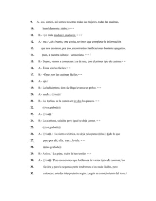 127
9. A.- así, somos, así somos nosotras todas las mujeres, todas las cuaimas,
10. humildemente:: ((risa)) = =
11. B.- =yo diría madurez, madurez. = = /
12. A.- ma::-, ah:: bueno, otra cosita, tuvimos que completar la información
13. que nos enviaron, por eso, encontrarán clasificaciones bastante apegadas,
14. pues, a nuestra cultura:: venezolana. = = /
15. B.- Bueno, vamos a comenzar:: ya de una, con el primer tipo de cuaima.= =
16. A.- Éstas son las fáciles.= =
17. B.- =Éstas son las cuaimas fáciles.= =
18. A.- ujú./
19. B.- La helicóptero, don::de llega levanta un polvo. = =
20. A.- uuuh :: ((risa)) /
21. B.- La tortica, se la comen en to::dos los paseos. = =
22. ((risa grabada))
23. A.- ((risa)) /
24. B.- La aceituna, saladita pero igual se deja comer. = =
25. ((risa grabada))
26. A.- ((risa)), / La sierra eléctrica, no deja palo parao ((risa)) todo lo que
27. pasa por ahí, ella, tras::, lo tala. = =
28. ((risa grabada))
29. B.- Así es./ La gripe, todos la han tenido. = =
30. A.- ((risa)) / Pero recordamos que hablamos de varios tipos de cuaimas, las
31. fáciles y para la segunda parte tendremos a las nada fáciles, pero
32. entonces, ustedes interpretarán según::,según su conocimiento del tema./
 