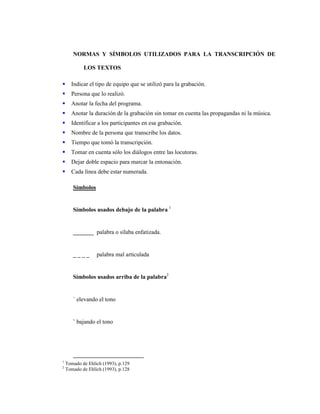 144
NORMAS Y SÍMBOLOS UTILIZADOS PARA LA TRANSCRIPCIÓN DE
LOS TEXTOS
Indicar el tipo de equipo que se utilizó para la grabación.
Persona que lo realizó.
Anotar la fecha del programa.
Anotar la duración de la grabación sin tomar en cuenta las propagandas ni la música.
Identificar a los participantes en esa grabación.
Nombre de la persona que transcribe los datos.
Tiempo que tomó la transcripción.
Tomar en cuenta sólo los diálogos entre las locutoras.
Dejar doble espacio para marcar la entonación.
Cada línea debe estar numerada.
Símbolos
Símbolos usados debajo de la palabra 1
_______ palabra o sílaba enfatizada.
_ _ _ _ palabra mal articulada
Símbolos usados arriba de la palabra2
´ elevando el tono
` bajando el tono
1
Tomado de Ehlich (1993), p.129
2
Tomado de Ehlich (1993), p.128
 