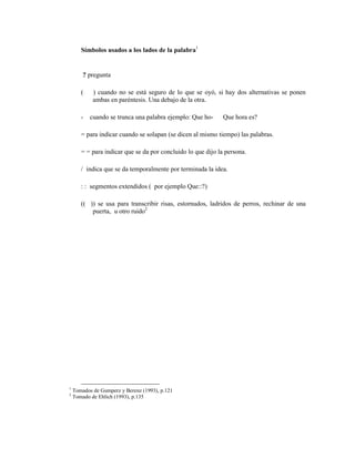 145
Símbolos usados a los lados de la palabra1
? pregunta
( ) cuando no se está seguro de lo que se oyó, si hay dos alternativas se ponen
ambas en paréntesis. Una debajo de la otra.
- cuando se trunca una palabra ejemplo: Que ho- Que hora es?
= para indicar cuando se solapan (se dicen al mismo tiempo) las palabras.
= = para indicar que se da por concluido lo que dijo la persona.
/ indica que se da temporalmente por terminada la idea.
: : segmentos extendidos ( por ejemplo Que::?)
(( )) se usa para transcribir risas, estornudos, ladridos de perros, rechinar de una
puerta, u otro ruido2
1
Tomados de Gumperz y Berenz (1993), p.121
2
Tomado de Ehlich (1993), p.135
 