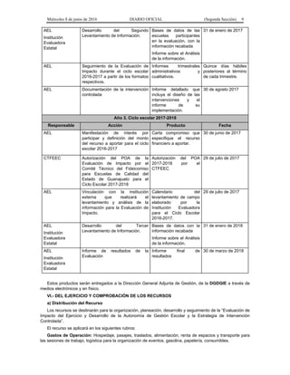 Miércoles 8 de junio de 2016 DIARIO OFICIAL (Segunda Sección) 9
AEL
Institución
Evaluadora
Estatal
Desarrollo del Segundo
Levantamiento de Información.
Bases de datos de las
escuelas participantes
en la evaluación, con la
información recabada
Informe sobre el Análisis
de la información.
31 de enero de 2017
AEL Seguimiento de la Evaluación de
Impacto durante el ciclo escolar
2016-2017 a partir de los formatos
respectivos.
Informes trimestrales
administrativos y
cualitativos.
Quince días hábiles
posteriores al término
de cada trimestre.
AEL Documentación de la intervención
controlada
Informe detallado que
incluya el diseño de las
intervenciones y el
informe de su
implementación.
30 de agosto 2017
Año 3. Ciclo escolar 2017-2018
Responsable Acción Producto Fecha
AEL Manifestación de interés por
participar y definición del monto
del recurso a aportar para el ciclo
escolar 2016-2017
Carta compromiso que
especifique el recurso
financiero a aportar.
30 de junio de 2017
CTFEEC Autorización del POA de la
Evaluación de Impacto por el
Comité Técnico del Fideicomiso
para Escuelas de Calidad del
Estado de Guanajuato para el
Ciclo Escolar 2017-2018
Autorización del POA
2017-2018 por el
CTFEEC
29 de julio de 2017
AEL Vinculación con la institución
externa que realizará el
levantamiento y análisis de la
información para la Evaluación de
Impacto.
Calendario del
levantamiento de campo
elaborado por la
Institución Evaluadora
para el Ciclo Escolar
2016-2017.
29 de julio de 2017
AEL
Institución
Evaluadora
Estatal
Desarrollo del Tercer
Levantamiento de Información.
Bases de datos con la
información recabada
Informe sobre el Análisis
de la información.
31 de enero de 2018
AEL
Institución
Evaluadora
Estatal
Informe de resultados de la
Evaluación
Informe final de
resultados
30 de marzo de 2018
Estos productos serán entregados a la Dirección General Adjunta de Gestión, de la DGDGIE a través de
medios electrónicos y en físico.
VI.- DEL EJERCICIO Y COMPROBACIÓN DE LOS RECURSOS
a) Distribución del Recurso
Los recursos se destinarán para la organización, planeación, desarrollo y seguimiento de la “Evaluación de
Impacto del Ejercicio y Desarrollo de la Autonomía de Gestión Escolar y la Estrategia de Intervención
Controlada”.
El recurso se aplicará en los siguientes rubros:
Gastos de Operación: Hospedaje, pasajes, traslados, alimentación, renta de espacios y transporte para
las sesiones de trabajo, logística para la organización de eventos, gasolina, papelería, consumibles.
 
