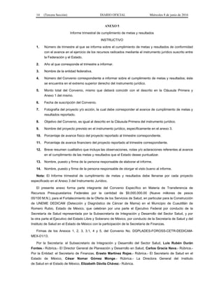 14 (Tercera Sección) DIARIO OFICIAL Miércoles 8 de junio de 2016
ANEXO 5
Informe trimestral de cumplimiento de metas y resultados
INSTRUCTIVO
1. Número de trimestre al que se informa sobre el cumplimiento de metas y resultados de conformidad
con el avance en el ejercicio de los recursos radicados mediante el instrumento jurídico suscrito entre
la Federación y el Estado.
2. Año al que corresponde el trimestre a informar.
3. Nombre de la entidad federativa.
4. Número del Convenio correspondiente a informar sobre el cumplimiento de metas y resultados; éste
se encuentra en el extremo superior derecho del instrumento jurídico.
5. Monto total del Convenio, mismo que deberá coincidir con el descrito en la Cláusula Primera y
Anexo 1 del mismo.
6. Fecha de suscripción del Convenio.
7. Fotografía del proyecto y/o acción, la cual debe corresponder al avance de cumplimiento de metas y
resultados reportado.
8. Objetivo del Convenio, es igual al descrito en la Cláusula Primera del instrumento jurídico.
9. Nombre del proyecto previsto en el instrumento jurídico, específicamente en el anexo 3.
10. Porcentaje de avance físico del proyecto reportado al trimestre correspondiente.
11. Porcentaje de avance financiero del proyecto reportado al trimestre correspondiente.
12. Breve resumen cualitativo que incluya las observaciones, notas y/o aclaraciones referentes al avance
en el cumplimiento de las metas y resultados que el Estado desee puntualizar.
13. Nombre, puesto y firma de la persona responsable de elaborar el informe.
14. Nombre, puesto y firma de la persona responsable de otorgar el visto bueno al informe.
Nota: El Informe trimestral de cumplimiento de metas y resultados debe llenarse por cada proyecto
especificado en el Anexo 3 del Instrumento Jurídico.
El presente anexo forma parte integrante del Convenio Específico en Materia de Transferencia de
Recursos Presupuestarios Federales por la cantidad de $9,000,000.00 (Nueve millones de pesos
00/100 M.N.), para el Fortalecimiento de la Oferta de los Servicios de Salud, en particular para la Construcción
de UNEME DEDICAM (Detección y Diagnóstico de Cáncer de Mama) en el Municipio de Cuautitlán de
Romero Rubio, Estado de México, que celebran por una parte el Ejecutivo Federal por conducto de la
Secretaría de Salud representada por la Subsecretaría de Integración y Desarrollo del Sector Salud, y por
la otra parte el Ejecutivo del Estado Libre y Soberano de México, por conducto de la Secretaría de Salud y del
Instituto de Salud en el Estado de México con la participación de la Secretaría de Finanzas.
Firmas de los Anexos 1, 2, 3, 3.1, 4 y 5, del Convenio No. DGPLADES-FOROSS-CETR-DEDICAM-
MEX-01/13.
Por la Secretaría: el Subsecretario de Integración y Desarrollo del Sector Salud, Luis Rubén Durán
Fontes.- Rúbrica.- El Director General de Planeación y Desarrollo en Salud, Carlos Gracia Nava.- Rúbrica.-
Por la Entidad: el Secretario de Finanzas, Erasto Martínez Rojas.- Rúbrica.- El Secretario de Salud en el
Estado de México, César Nomar Gómez Monge.- Rúbrica.- La Directora General del Instituto
de Salud en el Estado de México, Elizabeth Dávila Chávez.- Rúbrica.
 