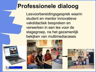Professionele dialoog Lesvoorbereidingsgesprek waarin student en mentor innovatieve vakdidactiek bespreken en verwerken in een les voor de stagegroep, na het gezamenlijk bekijken van multimediacases 