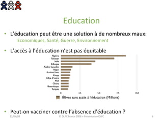Education L’éducation peut être une solution à de nombreux maux: Economiques, Santé, Guerre, Environnement L’accès à l’éducation n’est pas équitable Peut-on vacciner contre l’absence d’éducation ? 03/06/09 © OLPC France 2008 > Présentation OLPC 