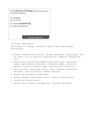 D1 Design Approaches:
The process of design. Relevant topics from other design
disciplines.


•    Graphic design basics (e.g., design languages, typography, use
     of color, 2D & 3D spatial organization, temporal sequencing,
     etc.)
•    Alternative system development processes (e.g., waterfall
     model, participatory design), lifecycle model, iterative
     design, choice of method under time/resource constraint
•    Task analysis techniques (e.g., field studies, analytical
     methods), task allocation, market analysis
•    Design specification techniques
•    Design analysis techniques (e.g., objects and actions)
•    Industrial design basics
•    Design case studies and empirical analyses of design
 