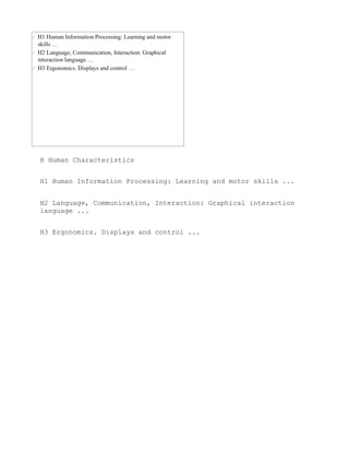 H Human Characteristics


H1 Human Information Processing: Learning and motor skills ...


H2 Language, Communication, Interaction: Graphical interaction
language ...


H3 Ergonomics. Displays and control ...
 