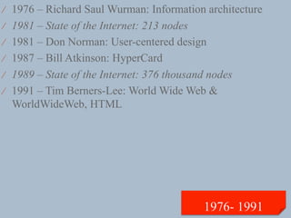 ⁄  1976 – Richard Saul Wurman: Information architecture
⁄  1981 – State of the Internet: 213 nodes
⁄  1981 – Don Norman: User-centered design
⁄  1987 – Bill Atkinson: HyperCard
⁄  1989 – State of the Internet: 376 thousand nodes
⁄  1991 – Tim Berners-Lee: World Wide Web &
  WorldWideWeb, HTML
 