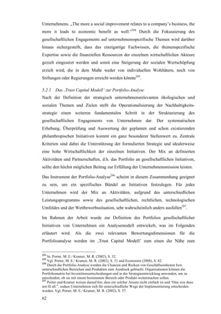 Unternehmens. „The more a social improvement relates to a company’s business, the
more it leads to economic benefit as well.”204 Durch die Fokussierung des
gesellschaftlichen Engagements auf unternehmensspezifische Themen wird darüber
hinaus sichergestellt, dass das einzigartige Fachwissen, die themenspezifische
Expertise sowie die finanziellen Ressourcen der einzelnen wirtschaftlichen Akteure
gezielt eingesetzt werden und somit eine Steigerung der sozialen Wertschöpfung
erzielt wird, die in dem Maße weder von individuellen Wohltätern, noch von
Stiftungen oder Regierungen erreicht werden könnte205.

5.2.1 Das ‚Trust Capital Modell’ zur Portfolio-Analyse
Nach der Definition der strategisch unternehmensrelevanten ökologischen und
sozialen Themen und Zielen stellt die Operationalisierung der Nachhaltigkeits-
strategie einen weiteren fundamentalen Schritt in der Strukturierung des
gesellschaftlichen Engagements von Unternehmen dar. Der systematischen
Erhebung, Überprüfung und Auswertung der geplanten und schon existierenden
philanthropischen Initiativen kommt ein ganz besonderer Stellenwert zu. Zentrale
Kriterien sind dabei die Unterstützung der formulierten Strategie und idealerweise
eine hohe Wirtschaftlichkeit der einzelnen Initiativen. Der Mix an definierten
Aktivitäten und Partnerschaften, d.h. das Portfolio an gesellschaftlichen Initiativen,
sollte den höchst möglichen Beitrag zur Erfüllung der Unternehmensmission leisten.

Das Instrument der Portfolio-Analyse206 scheint in diesem Zusammenhang geeignet
zu sein, um ein spezifisches Bündel an Initiativen festzulegen. Für jedes
Unternehmen wird der Mix an Aktivitäten, aufgrund des unterschiedlichen
Leistungsprogramms sowie des gesellschaftlichen, rechtlichen, technologischen
Umfeldes und der Wettbewerbssituation, sehr wahrscheinlich anders ausfallen207.

Im Rahmen der Arbeit wurde zur Definition des Portfolios gesellschaftlicher
Initiativen von Unternehmen ein Analysemodell entwickelt, was im Folgenden
erläutert wird. Als die zwei relevanten                    Bewertungsdimensionen           für die
Portfolioanalyse werden im ‚Trust Capital Modell’ zum einen die Nähe zum


204
    In: Porter, M. E./ Kramer, M. R. (2002), S. 32.
205
    Vgl. Porter, M. E./ Kramer, M. R. (2002), S. 31 und Economist (2008), S. 82.
206
    Durch die Portfolio-Analyse werden die Chancen und Risiken von Geschäftseinheiten bzw.
unterschiedlichen Bereichen und Produkten zum Ausdruck gebracht. Organisationen können die
Portfoliomatrix bei Investitionsentscheidungen und in der Strategieentwicklung anwenden, um zu
entscheiden, ob sie mit einem bestimmten Bereich oder Produkt weitermachen sollen.
207
    Porter und Kramer weisen darauf hin, dass ein solcher Ansatz nicht einfach ist und “One size does
not fit all.”, sodass Unternehmen sich für unterschiedliche Wege der Implementierung entscheiden
werden. Vgl. Porter, M. E./ Kramer, M. R. (2002), S. 57.

62
 