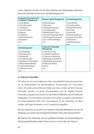 warum. Beginnen Sie bitte mit der Ihrer Meinung nach bedeutendsten Dimension.
Setzen Sie dann bitte mit der zweit- und drittwichtigsten fort.

Corporate Governance und
                                 Human Capital Management         Umweltmanagement
Compliance Management
• (Anti-)Betrug                  • Karriereplanung                • Umweltschutz
• (Anti-)Korruption              • Motivation                     • Umweltstandards
• Transparenz                    • Arbeitsplatzsicherung          • Produktlebenszyklus
• Code of Conduct                • Leistungsqualität              • Recycling
• Integrität                     • Multikulturelle Teams          • Emissionen
• Compliance                     • Diversity/Chancengleichheit    • Ressourceneffizienz
• Risikomanagement               • Entlohnung/Anreizsysteme       • Logistik und Verkehr
• Reputation                     • Aus- und Weiterbildung         • Klimaschutz
• etc.                           • etc.                           • Abfallmanagement
                                                                  • etc.
                                 Corporate Citizenship
Sozialmanagement
                                 Management
• Sozialstandards                • Corporate Giving
• Menschenrechte                 • Corporate Foundations
• Sozialpolitik                  • Corporate Volunteering
• Gesundheitsschutz              • Beziehung zur Kommune
• Sicherheit am Arbeitsplatz     • Stakeholderkooperationen
• Offene Kommunikation           • Bildung/Forschung
• Lieferantenbeziehung           • Kultur
• Verbraucherschutz              • etc.
• etc.


4. Corporate Citizenship

Wir haben bis jetzt etwas allgemeiner über unterschiedliche Konzepte gesprochen,
die im Zusammenhang mit gesellschaftlicher Verantwortung von Unternehmen
stehen. Ich möchte jetzt mit Ihnen die Diskussion etwas vertiefen und über Corporate
Citizenship sprechen. In diesem Zusammenhang wird der Begriff Corporate
Citizenship eng gefasst und bezieht sich auf konkrete Maßnahmen gesellschaftlichen
Engagements von Unternehmen (und daher nicht auf die weit gefasste Interpretation
der bürgerschaftlichen Rolle eines Unternehmens). In der Aufstellung, die Ihnen
vorliegt, sind einige Instrumente von CC exemplarisch aufgeführt.

4a. Was meinen Sie ist das Ziel von Corporate Citizenship Maßnahmen wie z.B. die
Förderung von sozialen oder ökologischen Projekten? Was sollen diese bewirken?

4b. Sind Sie der Auffassung, dass die geförderten Projekte im Zusammenhang mit
dem Kerngeschäft stehen sollten? Wenn ja/nein, in welcher Hinsicht? Warum?


88
 