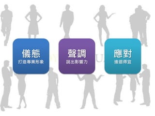 聲調
說出影響力
應對
進退得宜
儀態
打造專業形象
 