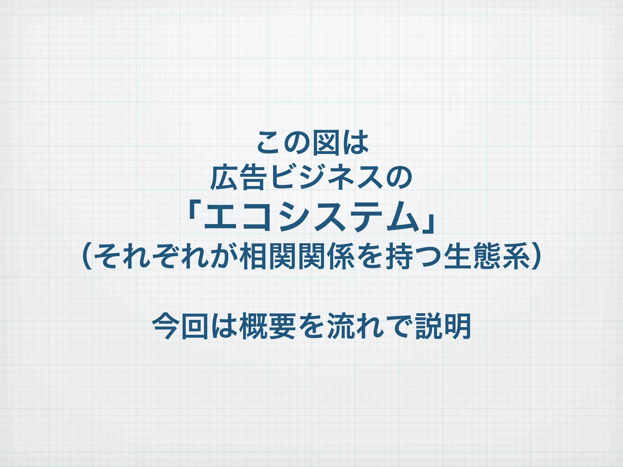 この図は
広告ビジネスの
「エコシステム」
（それぞれが相関関係を持つ生態系）
今回は概要を流れで説明
 