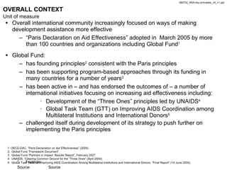 OVERALL CONTEXT ,[object Object],[object Object],[object Object],[object Object],[object Object],[object Object],[object Object],[object Object],[object Object],1: OECD-DAC, “Paris Declaration on Aid Effectiveness” (2005) 2:  Global Fund “Framework Document” 3:  Global Fund “Partners in Impact: Results Report”, February 2007 4:  UNAIDS, “Clearing Common Ground for the “Three Ones” (April 2004) 5:  Global Task Team on Improving AIDS Coordination Among Multilateral Institutions and International Donors, “Final Report” (14 June 2005).   