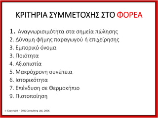 ΚΡIΤΗΡΙΑ ΣΥΜΜΕΤΟΧΗΣ ΣΤΟ ΦΟΡΕΑ
1. Αναγνωρισιµότητα στα σημεία πώλησης
2. ∆ύναµη φήµης παραγωγού ή επιχείρησης
3. Εμπορικό όνομα
3. Ποιότητα
4. Αξιοπιστία
5. Μακρόχρονη συνέπεια
6. Ιστορικότητα
7. Επένδυση σε Θερμοκήπιο
9. Πιστοποίηση
 Copyright – DKG Consulting Ltd, 2006

 