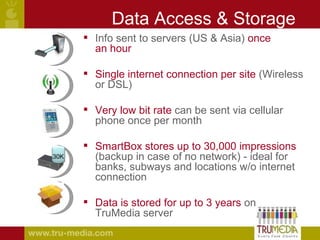 Data Access & Storage Info sent to servers (US & Asia)  once an hour Single internet connection per site  (Wireless or DSL)  Very low bit rate  can be sent via cellular phone once per month SmartBox stores up to 30,000 impressions  (backup in case of no network) - ideal for banks, subways and locations w/o internet connection Data is stored for up to 3 years  on TruMedia server 30K 