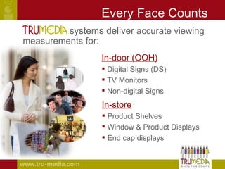 Every Face Counts systems deliver  accurate viewing measurements  for:  In-door (OOH) Digital Signs (DS) TV Monitors Non-digital Signs In-store Product Shelves Window & Product Displays End cap displays 