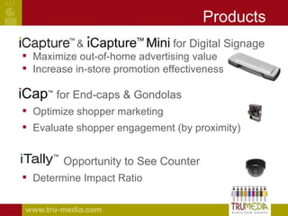 &  for Digital Signage Maximize out-of-home advertising value Increase in-store promotion effectiveness for End-caps & Gondolas Optimize shopper marketing Evaluate shopper engagement (by proximity)   Opportunity to See Counter Determine Impact Ratio Products 
