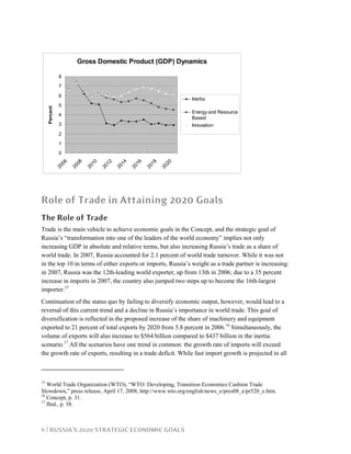 6 | RUSSIA’S 2020 STRATEGIC ECONOMIC GOALS
Gross Domestic Product (GDP) Dynamics
0
1
2
3
4
5
6
7
8
2006
2008
2010
2012
2014
2016
2018
2020
Percent
Inertia
Energy and Resource
Based
Innovation
Role of Trade in Attaining 2020 Goals
The Role of Trade
Trade is the main vehicle to achieve economic goals in the Concept, and the strategic goal of
Russia’s “transformation into one of the leaders of the world economy” implies not only
increasing GDP in absolute and relative terms, but also increasing Russia’s trade as a share of
world trade. In 2007, Russia accounted for 2.1 percent of world trade turnover. While it was not
in the top 10 in terms of either exports or imports, Russia’s weight as a trade partner is increasing:
in 2007, Russia was the 12th-leading world exporter, up from 13th in 2006; due to a 35 percent
increase in imports in 2007, the country also jumped two steps up to become the 16th-largest
importer.15
Continuation of the status quo by failing to diversify economic output, however, would lead to a
reversal of this current trend and a decline in Russia’s importance in world trade. This goal of
diversification is reflected in the proposed increase of the share of machinery and equipment
exported to 21 percent of total exports by 2020 from 5.8 percent in 2006.16
Simultaneously, the
volume of exports will also increase to $564 billion compared to $437 billion in the inertia
scenario.17
All the scenarios have one trend in common: the growth rate of imports will exceed
the growth rate of exports, resulting in a trade deficit. While fast import growth is projected in all
15
World Trade Organization (WTO), “WTO: Developing, Transition Economies Cushion Trade
Slowdown,” press release, April 17, 2008, http://www.wto.org/english/news_e/pres08_e/pr520_e.htm.
16
Concept, p. 31.
17
Ibid., p. 38.
 