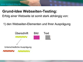Grund-Idee Webseiten-Testing: Erfolg einer Webseite ist somit stark abhängig von:  Bild 1) den Webseiten-Elementen und Ihrer Ausprägung Überschrift Text  Unterschiedliche Ausprägung 