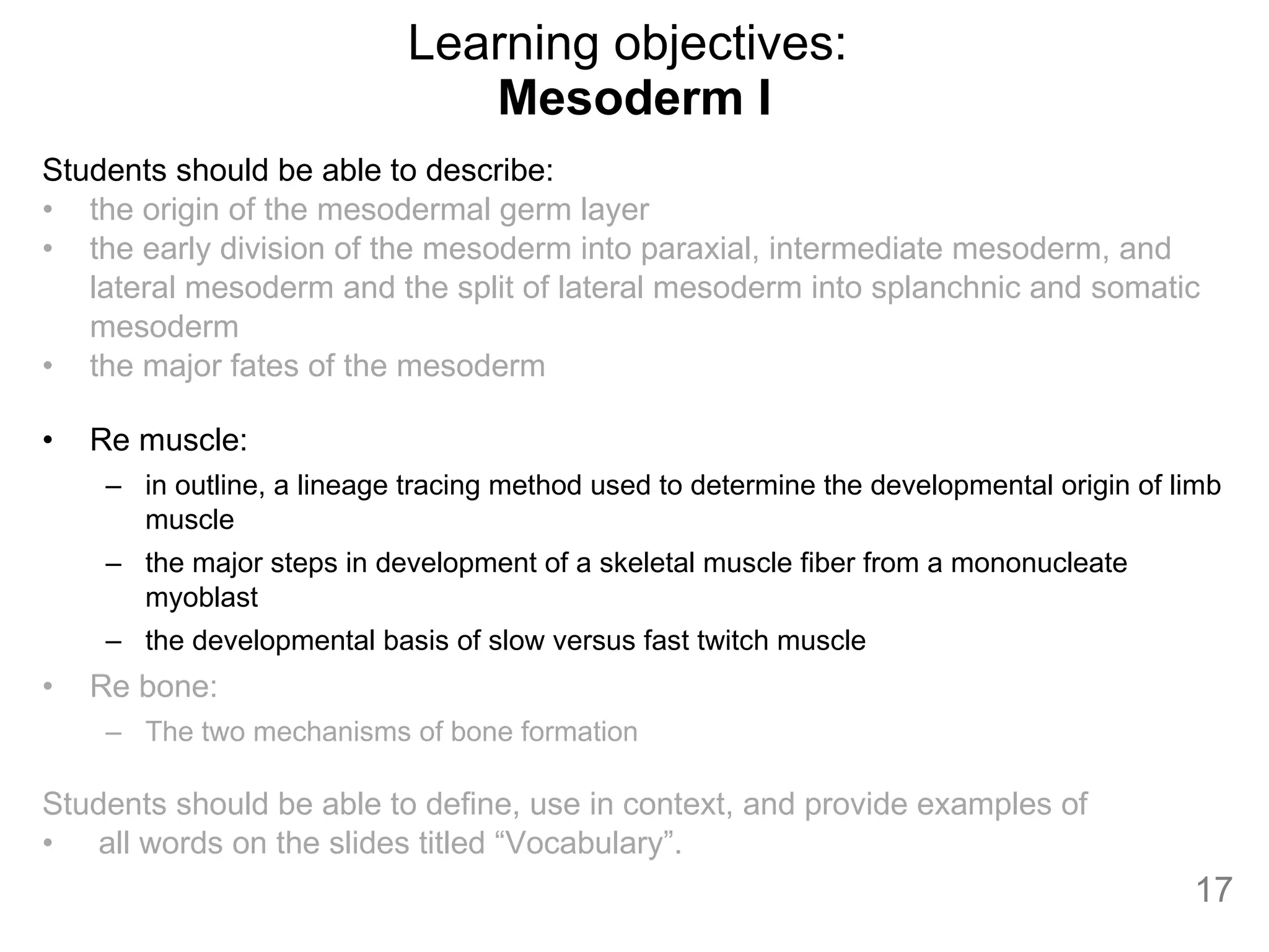 Learning objectives:  Mesoderm I Students should be able to describe:  the origin of the mesodermal germ layer the early division of the mesoderm into paraxial, intermediate mesoderm, and lateral mesoderm and the split of lateral mesoderm into splanchnic and somatic mesoderm the major fates of the mesoderm Re muscle: in outline, a lineage tracing method used to determine the developmental origin of limb muscle the major steps in development of a skeletal muscle fiber from a mononucleate myoblast the developmental basis of slow versus fast twitch muscle Re bone:  The two mechanisms of bone formation Students should be able to define, use in context, and provide examples of all words on the slides titled “Vocabulary”.  