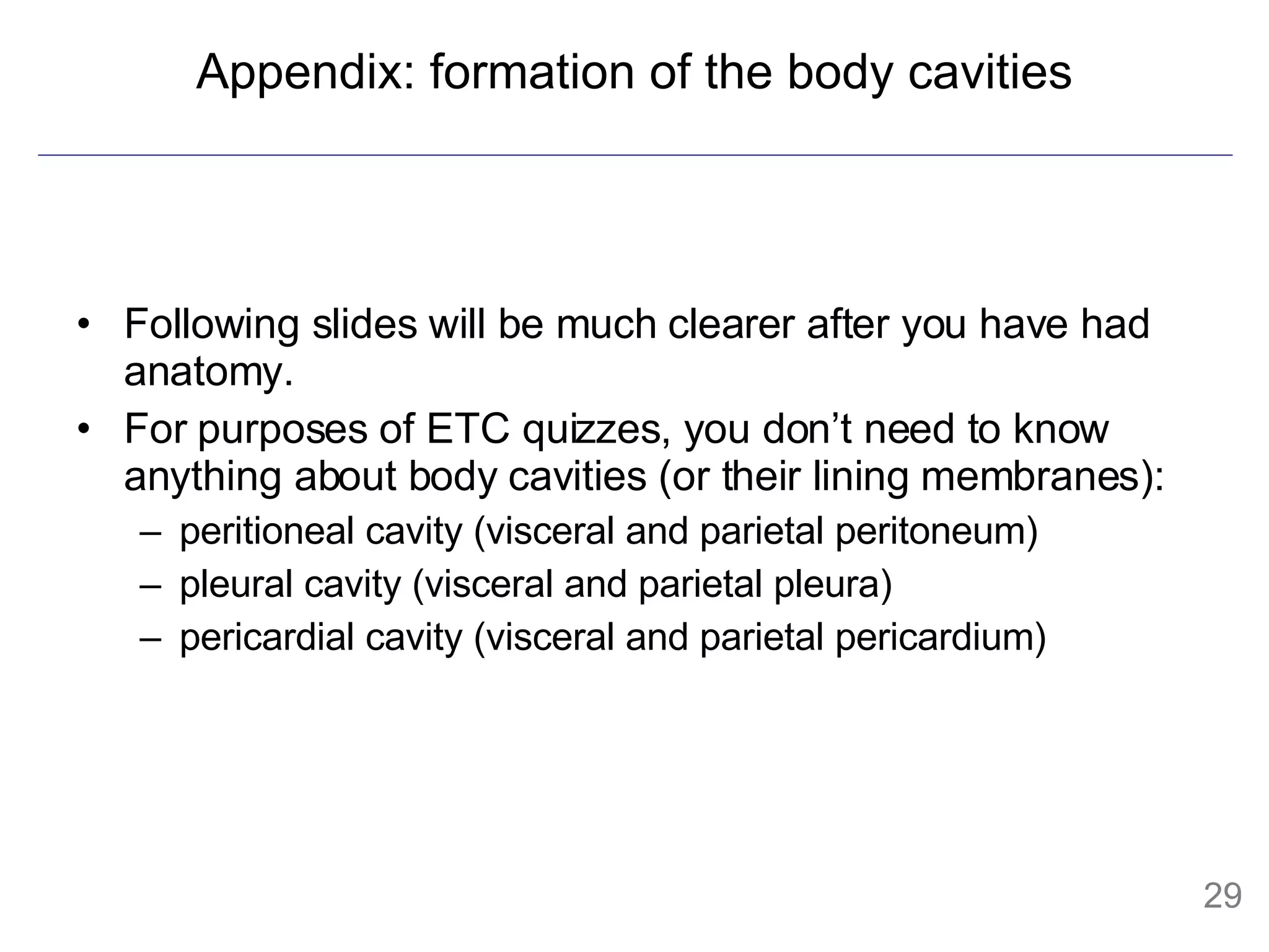 Appendix: formation of the body cavities Following slides will be much clearer after you have had anatomy. For purposes of ETC quizzes, you don’t need to know anything about body cavities (or their lining membranes):  peritioneal cavity (visceral and parietal peritoneum) pleural cavity (visceral and parietal pleura) pericardial cavity (visceral and parietal pericardium) 