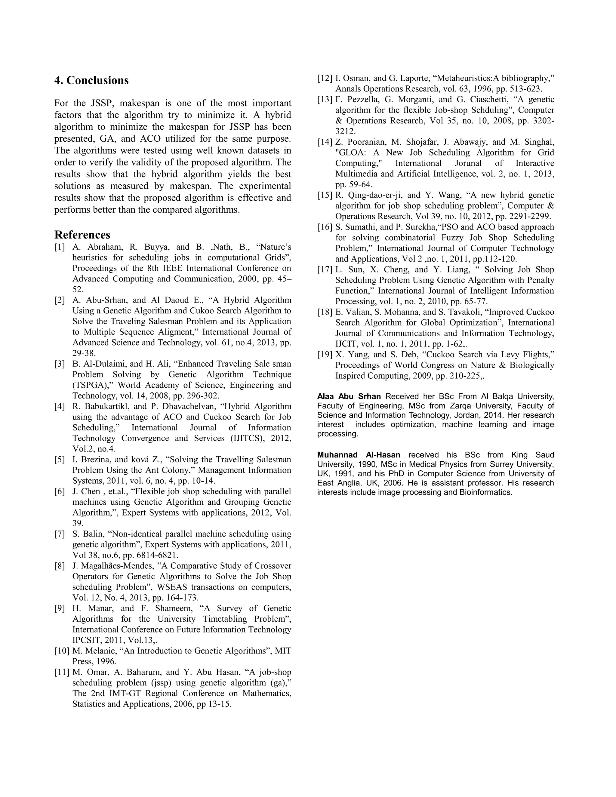 4. Conclusions
For the JSSP, makespan is one of the most important
factors that the algorithm try to minimize it. A hybrid
algorithm to minimize the makespan for JSSP has been
presented, GA, and ACO utilized for the same purpose.
The algorithms were tested using well known datasets in
order to verify the validity of the proposed algorithm. The
results show that the hybrid algorithm yields the best
solutions as measured by makespan. The experimental
results show that the proposed algorithm is effective and
performs better than the compared algorithms.
References
[1] A. Abraham, R. Buyya, and B. ,Nath, B., “Nature’s
heuristics for scheduling jobs in computational Grids”,
Proceedings of the 8th IEEE International Conference on
Advanced Computing and Communication, 2000, pp. 45–
52.
[2] A. Abu-Srhan, and Al Daoud E., “A Hybrid Algorithm
Using a Genetic Algorithm and Cukoo Search Algorithm to
Solve the Traveling Salesman Problem and its Application
to Multiple Sequence Aligment,” International Journal of
Advanced Science and Technology, vol. 61, no.4, 2013, pp.
29-38.
[3] B. Al-Dulaimi, and H. Ali, “Enhanced Traveling Sale sman
Problem Solving by Genetic Algorithm Technique
(TSPGA),” World Academy of Science, Engineering and
Technology, vol. 14, 2008, pp. 296-302.
[4] R. Babukartikl, and P. Dhavachelvan, “Hybrid Algorithm
using the advantage of ACO and Cuckoo Search for Job
Scheduling,” International Journal of Information
Technology Convergence and Services (IJITCS), 2012,
Vol.2, no.4.
[5] I. Brezina, and ková Z., “Solving the Travelling Salesman
Problem Using the Ant Colony,” Management Information
Systems, 2011, vol. 6, no. 4, pp. 10-14.
[6] J. Chen , et.al., “Flexible job shop scheduling with parallel
machines using Genetic Algorithm and Grouping Genetic
Algorithm,”, Expert Systems with applications, 2012, Vol.
39.
[7] S. Balin, “Non-identical parallel machine scheduling using
genetic algorithm”, Expert Systems with applications, 2011,
Vol 38, no.6, pp. 6814-6821.
[8] J. Magalhães-Mendes, ”A Comparative Study of Crossover
Operators for Genetic Algorithms to Solve the Job Shop
scheduling Problem”, WSEAS transactions on computers,
Vol. 12, No. 4, 2013, pp. 164-173.
[9] H. Manar, and F. Shameem, “A Survey of Genetic
Algorithms for the University Timetabling Problem”,
International Conference on Future Information Technology
IPCSIT, 2011, Vol.13,.
[10] M. Melanie, “An Introduction to Genetic Algorithms”, MIT
Press, 1996.
[11] M. Omar, A. Baharum, and Y. Abu Hasan, “A job-shop
scheduling problem (jssp) using genetic algorithm (ga),”
The 2nd IMT-GT Regional Conference on Mathematics,
Statistics and Applications, 2006, pp 13-15.
[12] I. Osman, and G. Laporte, “Metaheuristics:A bibliography,”
Annals Operations Research, vol. 63, 1996, pp. 513-623.
[13] F. Pezzella, G. Morganti, and G. Ciaschetti, “A genetic
algorithm for the flexible Job-shop Schduling”, Computer
& Operations Research, Vol 35, no. 10, 2008, pp. 3202-
3212.
[14] Z. Pooranian, M. Shojafar, J. Abawajy, and M. Singhal,
"GLOA: A New Job Scheduling Algorithm for Grid
Computing," International Jorunal of Interactive
Multimedia and Artificial Intelligence, vol. 2, no. 1, 2013,
pp. 59-64.
[15] R. Qing-dao-er-ji, and Y. Wang, “A new hybrid genetic
algorithm for job shop scheduling problem”, Computer &
Operations Research, Vol 39, no. 10, 2012, pp. 2291-2299.
[16] S. Sumathi, and P. Surekha,“PSO and ACO based approach
for solving combinatorial Fuzzy Job Shop Scheduling
Problem,” International Journal of Computer Technology
and Applications, Vol 2 ,no. 1, 2011, pp.112-120.
[17] L. Sun, X. Cheng, and Y. Liang, “ Solving Job Shop
Scheduling Problem Using Genetic Algorithm with Penalty
Function,” International Journal of Intelligent Information
Processing, vol. 1, no. 2, 2010, pp. 65-77.
[18] E. Valian, S. Mohanna, and S. Tavakoli, “Improved Cuckoo
Search Algorithm for Global Optimization”, International
Journal of Communications and Information Technology,
IJCIT, vol. 1, no. 1, 2011, pp. 1-62,.
[19] X. Yang, and S. Deb, “Cuckoo Search via Levy Flights,”
Proceedings of World Congress on Nature & Biologically
Inspired Computing, 2009, pp. 210-225,.
Alaa Abu Srhan Received her BSc From Al Balqa University,
Faculty of Engineering, MSc from Zarqa University, Faculty of
Science and Information Technology, Jordan, 2014. Her research
interest includes optimization, machine learning and image
processing.
Muhannad Al-Hasan received his BSc from King Saud
University, 1990, MSc in Medical Physics from Surrey University,
UK, 1991, and his PhD in Computer Science from University of
East Anglia, UK, 2006. He is assistant professor. His research
interests include image processing and Bioinformatics.
 