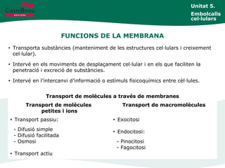 FUNCIONS DE LA MEMBRANA
• Transporta substàncies (manteniment de les estructures cel·lulars i creixement
cel·lular).
• Intervé en els moviments de desplaçament cel·lular i en els que faciliten la
penetració i excreció de substàncies.
• Intervé en l’intercanvi d’informació o estímuls fisicoquímics entre cèl·lules.
Unitat 5.
Embolcalls
cel·lulars
Transport de molècules a través de membranes
Transport de molècules
petites i ions
Transport de macromolècules
• Transport passiu:
- Difusió simple
- Difusió facilitada
- Osmosi
• Transport actiu
• Exocitosi
• Endocitosi:
- Pinocitosi
- Fagocitosi
 