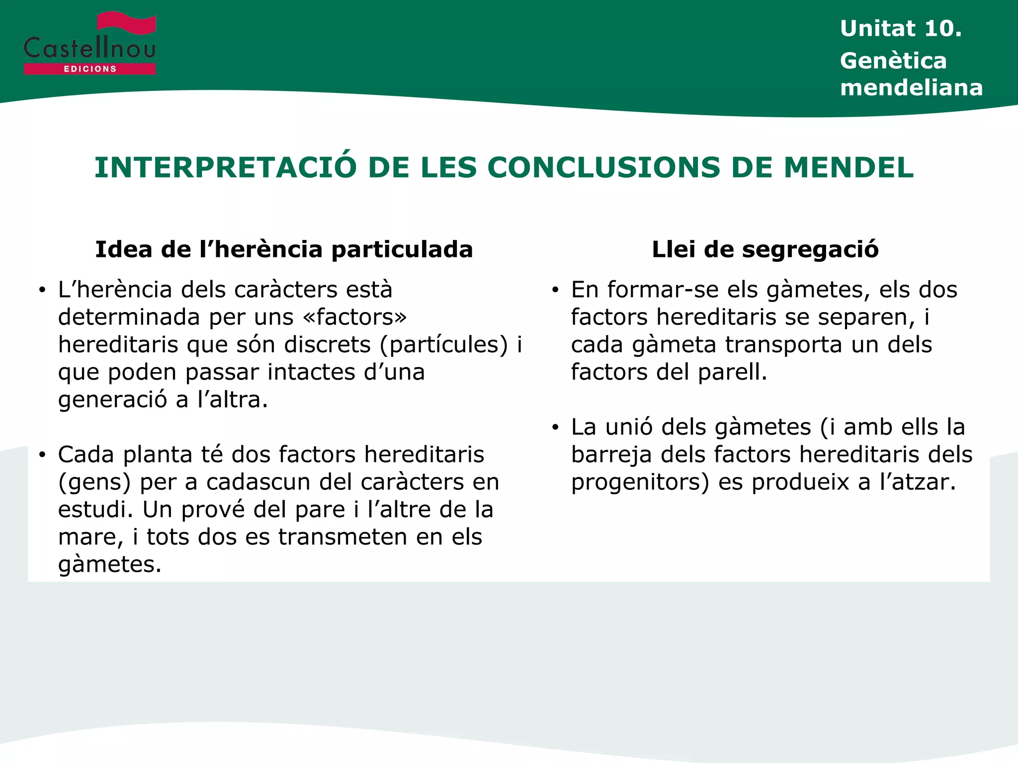INTERPRETACIÓ DE LES CONCLUSIONS DE MENDEL
Unitat 10.
Genètica
mendeliana
Idea de l’herència particulada Llei de segregació
• L’herència dels caràcters està
determinada per uns «factors»
hereditaris que són discrets (partícules) i
que poden passar intactes d’una
generació a l’altra.
• Cada planta té dos factors hereditaris
(gens) per a cadascun del caràcters en
estudi. Un prové del pare i l’altre de la
mare, i tots dos es transmeten en els
gàmetes.
• En formar-se els gàmetes, els dos
factors hereditaris se separen, i
cada gàmeta transporta un dels
factors del parell.
• La unió dels gàmetes (i amb ells la
barreja dels factors hereditaris dels
progenitors) es produeix a l’atzar.
 