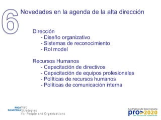 Novedades en la agenda de la alta dirección Dirección Diseño organizativo Sistemas de reconocimiento Rol model Recursos Humanos Capacitación de directivos Capacitación de equipos profesionales Políticas de recursos humanos Políticas de comunicación interna 