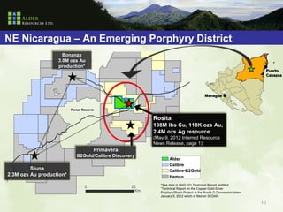 NE Nicaragua – An Emerging Porphyry District
                     Bonanza
                   3.0M ozs Au
                   production*
                                                                                                                      Puerto
                                                                                                                      Cabezas




                                                                                         Managua


                          Forest Reserve

                                                        Rosita
                                                        108M lbs Cu, 118K ozs Au,
                                                        2.4M ozs Ag resource
                                                        (May 9, 2012 Inferred Resource
                                                        News Release, page 1)
                                       Primavera
                             B2Gold/Calibre Discovery
                                                                Alder
                                                                Calibre
         Siuna                                                  Calibre-B2Gold
2.3M ozs Au production*                                         Hemco
                                                           *See data in NI43-101 Technical Report entitled
                                                           “Technical Report on the Copper-Gold-Silver
                                                           Porphyry/Skarn Project at the Rosita D Concession dated
                                                           January 5, 2012 which is filed on SEDAR.

                                                                                                                     10
 
