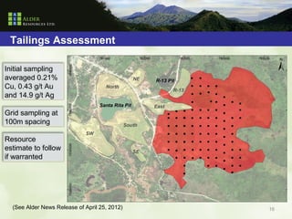 Tailings Assessment

Initial sampling
averaged 0.21%
Cu, 0.43 g/t Au
and 14.9 g/t Ag

Grid sampling at
100m spacing

Resource
estimate to follow
if warranted




  (See Alder News Release of April 25, 2012)   16
 