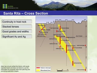 Santa Rita – Cross Section

  Continuity in host rock

  Stacked lenses

  Good grades and widths

  Significant Au and Ag




Alder has not yet verified the historic drill results
reported herein and does not intend to use this
information for purposes other than planning and        18
prioritizing exploration targets.
 
