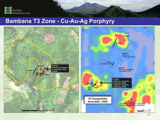 Bambana T3 Zone - Cu-Au-Ag Porphyry




              Trench 3
              3.32 %Cu, 0.22 g/t Au
              37.55 g/t Ag / 12.0m
              (Oxide)




                                                         T3 Zone
                                                         -2.09% Cu, 0.19 g/t Au,
                                                         14.6 g/t Ag / 29.0m
                                                         -1.98% Cu, 0.14 g/t Au,
                                                         14.4 g/t Ag / 29.0m




                                      IP Chargeability
                                      Anomalies -100m




                                                                                   23
 
