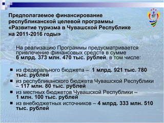 Предполагаемое финансирование  республиканской целевой программы  «Развитие туризма в Чувашской Республике  на 2011-2016 годы » На реализацию Программы предусматривается привлечение финансовых средств в сумме  6 млрд. 373 млн. 470 тыс. рублей , в том числе:  из федерального бюджета –   1 млрд. 921 тыс. 780   тыс. рублей из республиканского бюджета Чувашской Республики –  117   млн. 80 тыс. рублей из местных бюджетов Чувашской Республики –  1 млн. 100 тыс. рублей из внебюджетных источников –  4 млрд. 333 млн. 510 тыс. рублей 