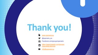 Thank you!
www.openaire.eu
@openaire_eu
Facebook.com/groups/openaire
https://www.linkedin.com/groups/
OpenAIRE3893548
info@openaire.eu
 