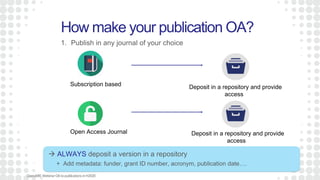 1. Publish in any journal of your choice
How make your publication OA?
Subscription based
Open Access Journal
 ALWAYS deposit a version in a repository
OpenAIRE WebinarOAtopublicationsinH2020
+ Add metadata: funder, grant ID number, acronym, publication date….
Deposit in a repository and provide
access
Deposit in a repository and provide
access
 