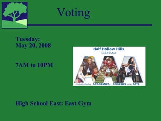 Voting Tuesday:  May 20, 2008 7AM to 10PM High School East: East Gym 