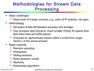 Methodologies for Stream Data
Processing






Major challenges
 Keep track of a large universe, e.g., pairs of IP address, not ages
Methodology
 Synopses (trade-off between accuracy and storage)
 Use synopsis data structure, much smaller (O(logk N) space) than
their base data set (O(N) space)
 Compute an approximate answer within a small error range
(factor ε of the actual answer)
Major methods
 Random sampling
 Histograms
 Sliding windows
 Multi-resolution model
 Sketches
 Radomized algorithms

January 20, 2014

Data Mining: Concepts and Techniques

11

 