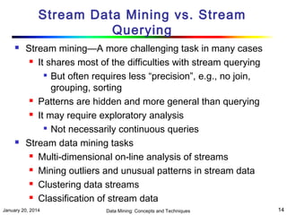 Stream Data Mining vs. Stream
Querying




Stream mining—A more challenging task in many cases
 It shares most of the difficulties with stream querying
 But often requires less “precision”, e.g., no join,
grouping, sorting
 Patterns are hidden and more general than querying
 It may require exploratory analysis
 Not necessarily continuous queries
Stream data mining tasks
 Multi-dimensional on-line analysis of streams
 Mining outliers and unusual patterns in stream data
 Clustering data streams
 Classification of stream data

January 20, 2014

Data Mining: Concepts and Techniques

14

 