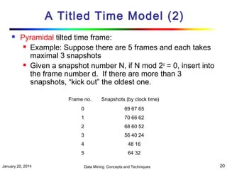 A Titled Time Model (2)


Pyramidal tilted time frame:
 Example: Suppose there are 5 frames and each takes
maximal 3 snapshots
 Given a snapshot number N, if N mod 2 d = 0, insert into
the frame number d. If there are more than 3
snapshots, “kick out” the oldest one.
Frame no.

Snapshots (by clock time)

0
1

70 66 62

2

68 60 52

3

56 40 24

4

48 16

5
January 20, 2014

69 67 65

64 32

Data Mining: Concepts and Techniques

20

 