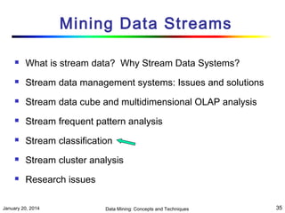 Mining Data Streams


What is stream data? Why Stream Data Systems?



Stream data management systems: Issues and solutions



Stream data cube and multidimensional OLAP analysis



Stream frequent pattern analysis



Stream classification



Stream cluster analysis



Research issues

January 20, 2014

Data Mining: Concepts and Techniques

35

 