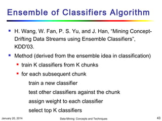 Ensemble of Classifiers Algorithm




H. Wang, W. Fan, P. S. Yu, and J. Han, “Mining ConceptDrifting Data Streams using Ensemble Classifiers”,
KDD'03. 
Method (derived from the ensemble idea in classification)


train K classifiers from K chunks



for each subsequent chunk
train a new classifier
test other classifiers against the chunk
assign weight to each classifier
select top K classifiers

January 20, 2014

Data Mining: Concepts and Techniques

43

 