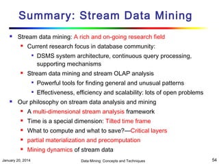 Summary: Stream Data Mining


Stream data mining: A rich and on-going research field


Current research focus in database community:




DSMS system architecture, continuous query processing,
supporting mechanisms

Stream data mining and stream OLAP analysis





Powerful tools for finding general and unusual patterns
Effectiveness, efficiency and scalability: lots of open problems

Our philosophy on stream data analysis and mining


A multi-dimensional stream analysis framework



Time is a special dimension: Tilted time frame



What to compute and what to save?—Critical layers



partial materialization and precomputation



Mining dynamics of stream data

January 20, 2014

Data Mining: Concepts and Techniques

54

 