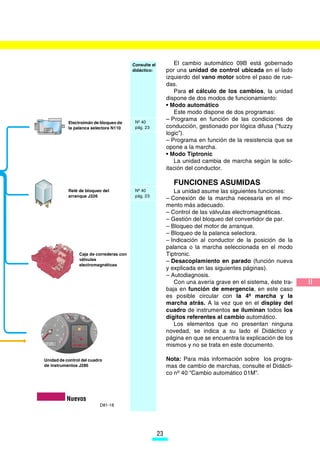 Consulte el           El cambio automático 09B está gobernado
                                         didáctico:         por una unidad de control ubicada en el lado
                                                            izquierdo del vano motor sobre el paso de rue-
                                                            das.
                                                               Para el cálculo de los cambios, la unidad
                                                            dispone de dos modos de funcionamiento:
                                                            • Modo automático
                                                               Este modo dispone de dos programas:
                                          Nº 40
                                                            – Programa en función de las condiciones de
           Electroimán de bloqueo de
           la palanca selectora N110      pág. 23           conducción, gestionado por lógica difusa (“fuzzy
                                                            logic”).
                                                            – Programa en función de la resistencia que se
                                                            opone a la marcha.
                                                            • Modo Tiptronic
                                                               La unidad cambia de marcha según la solic-
                                                            itación del conductor.

                                                              FUNCIONES ASUMIDAS
           Relé de bloqueo del            Nº 40                La unidad asume las siguientes funciones:
           arranque J226                  pág. 23
                                                            – Conexión de la marcha necesaria en el mo-
                                                            mento más adecuado.
                                                            – Control de las válvulas electromagnéticas.
                                                            – Gestión del bloqueo del convertidor de par.
                                                            – Bloqueo del motor de arranque.
                                                            – Bloqueo de la palanca selectora.
                                                            – Indicación al conductor de la posición de la
                                                            palanca o la marcha seleccionada en el modo
                Caja de correderas con                      Tiptronic.
                válvulas                                    – Desacoplamiento en parado (función nueva
                electromagnéticas
                                                            y explicada en las siguientes páginas).
                                                            – Autodiagnosis.
                                                               Con una avería grave en el sistema, éste tra-   II
                                                            baja en función de emergencia, en este caso
                                                            es posible circular con la 4ª marcha y la
                                                            marcha atrás. A la vez que en el display del
                                                            cuadro de instrumentos se iluminan todos los
                                                            dígitos referentes al cambio automático.
                                                               Los elementos que no presentan ninguna
                                                            novedad, se indica a su lado el Didáctico y
                                                            página en que se encuentra la explicación de los
                                                            mismos y no se trata en este documento.

Unidad de control del cuadro                                Nota: Para más información sobre los progra-
de instrumentos J285                                        mas de cambio de marchas, consulte el Didácti-
                                                            co nº 40 “Cambio automático 01M”.



          Nuevos
                          D81-18




                                                       23
 